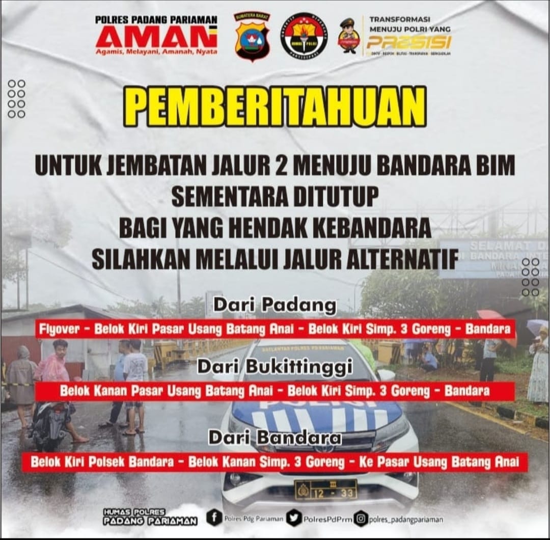 Akses ke Bandara Internasional Minangkabau Lewat Flyover Ditutup