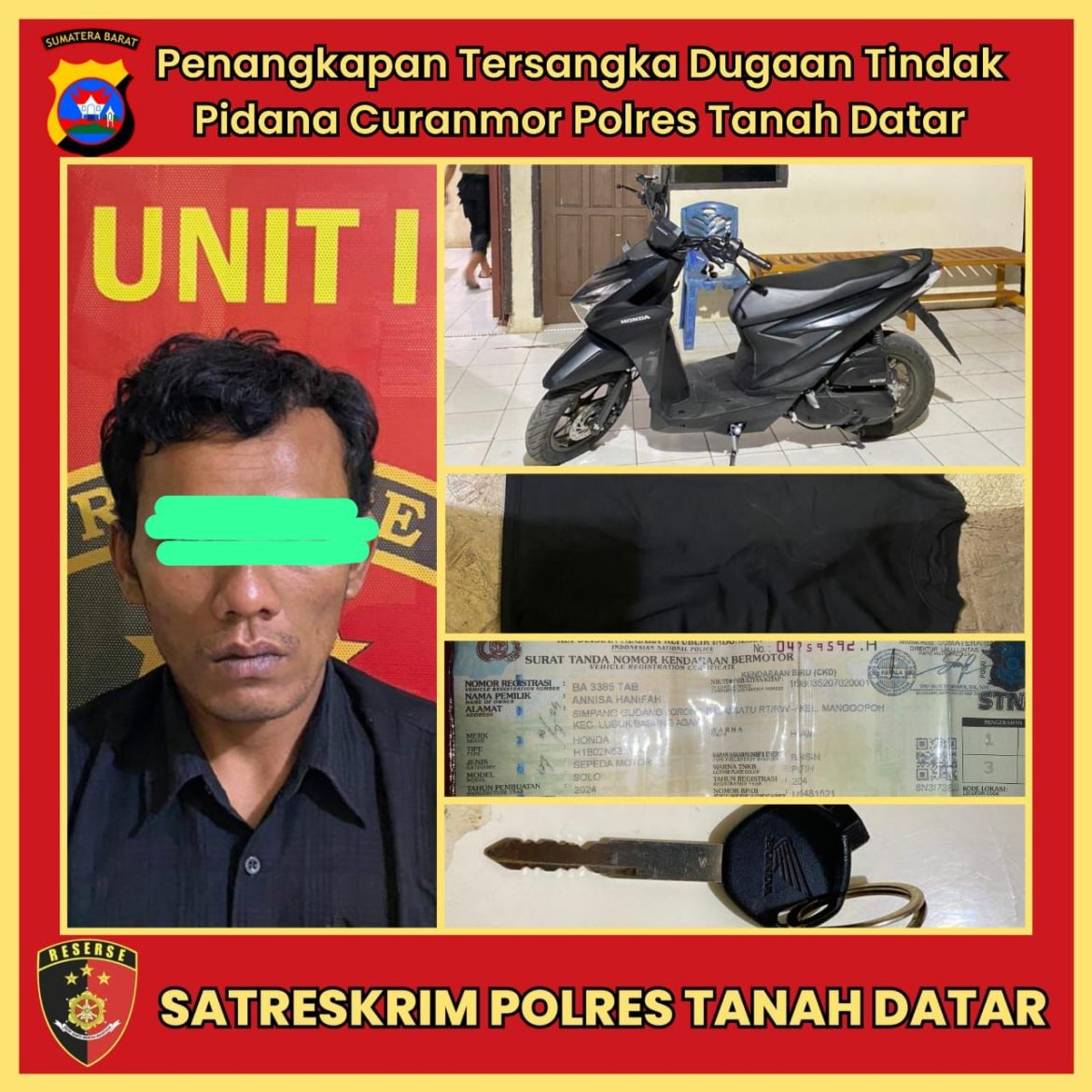 Tersangka Pencurian Kendaraan Bermotor  Di belakang Swalayan Katara Mart  Kubu Rajo Lima Kaum Ditangkap Tim Polres Tanah Datar